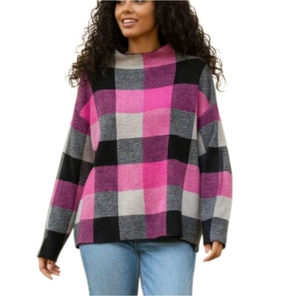 Tahari Pink Plaid Mock Neck Sweater